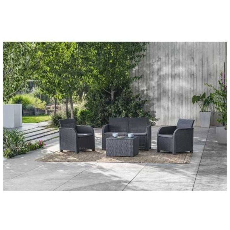 Allibert by keter - Salon de jardin SanRemo Storage 4 places - table basse coffre range-coussins - imitation rotin tresse - grap