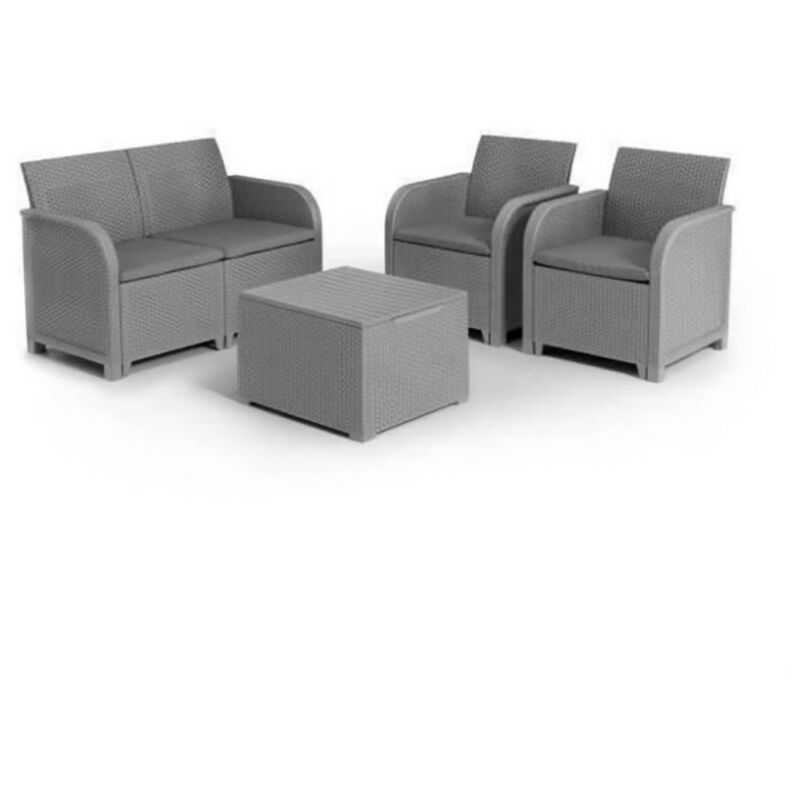 Salon de jardin SanRemo Storage 4 places - table basse coffre range-coussins - imitation rotin tressé - gris - Allibert By Keter