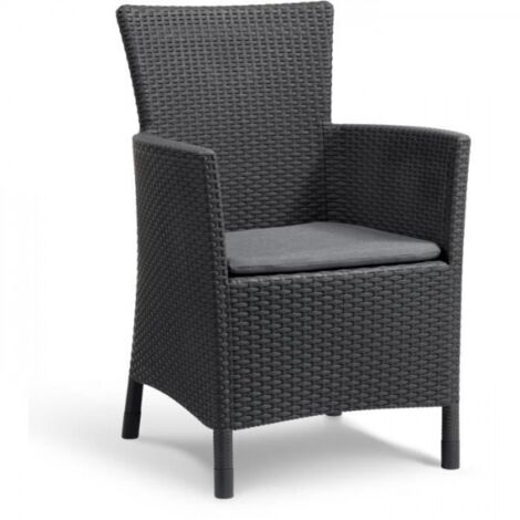 Allibert – Fauteuil de jardin en résine imitation rotin tressé – Coloris gris graphite – Coussin ergonomique – Résistant aux intempéries et UV