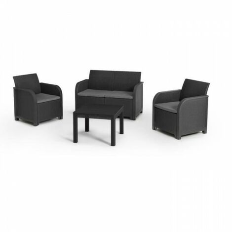 Allibert – Salon de jardin en résine 4 places – Banquette 2 places et 2 fauteuils – Table basse ergonomique – Gris graphite