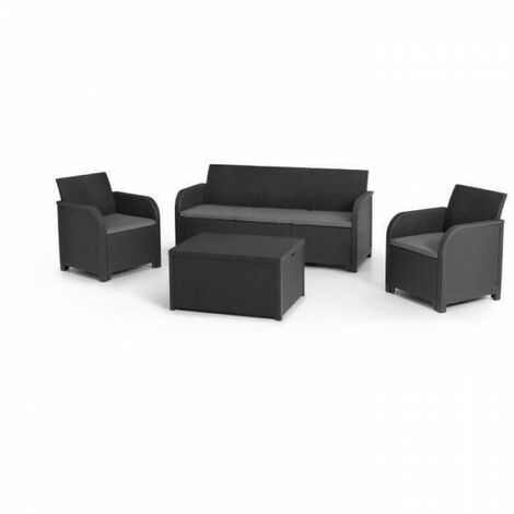 Allibert – Salon de jardin en résine tressée – 5 places – Dossier ergonomique – Table basse avec coffre range-coussins – Gris graphite