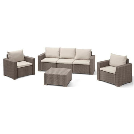 Allibert – Salon de jardin 5 places en résine injectée beige – Composé de banquette 3 places, 2 fauteuils et table basse – Coussins inclus