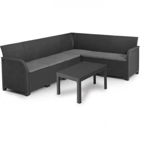 Allibert – Salon de jardin résine aspect rotin tressé – 6 places – table basse ergonomique – coussins inclus – gris graphite