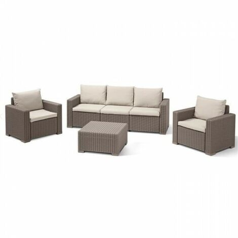 Allibert – Salon de jardin résine tressée imitation rotin – 5 places – Table basse ergonomique – Beige – Confort optimal avec coussins inclus