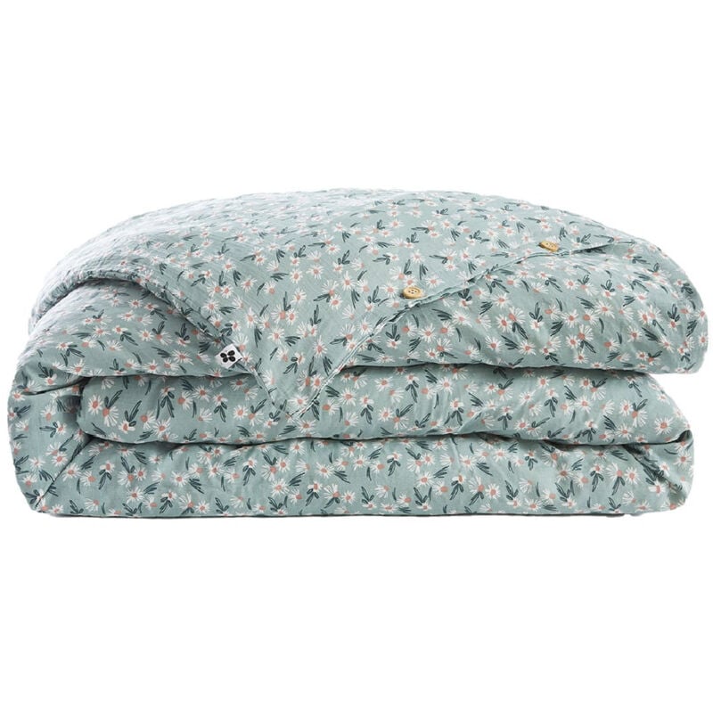 Allison - Housse de Couette 200x200cm Gaze de Coton Coloris Bleu Motifs Fleurs
