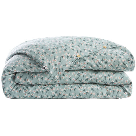 ALLISON - Housse de Couette 200x200cm Gaze de Coton Coloris Bleu Motifs Fleurs