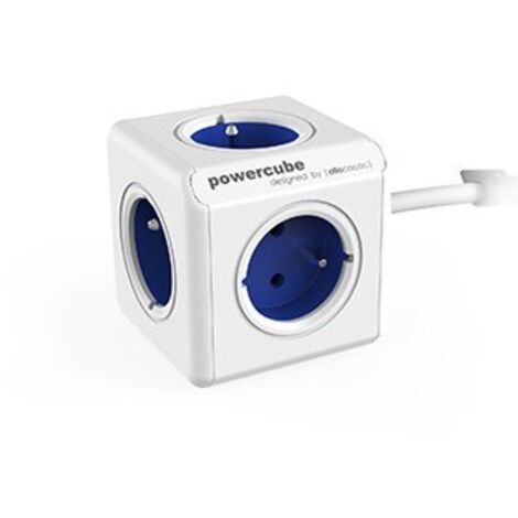 allocacoc PowerCube Extended FR Blue - Mehrfachsteckdosenwürfel mit 5 Steckdosen in Würfelform, Farbe White und Blau
