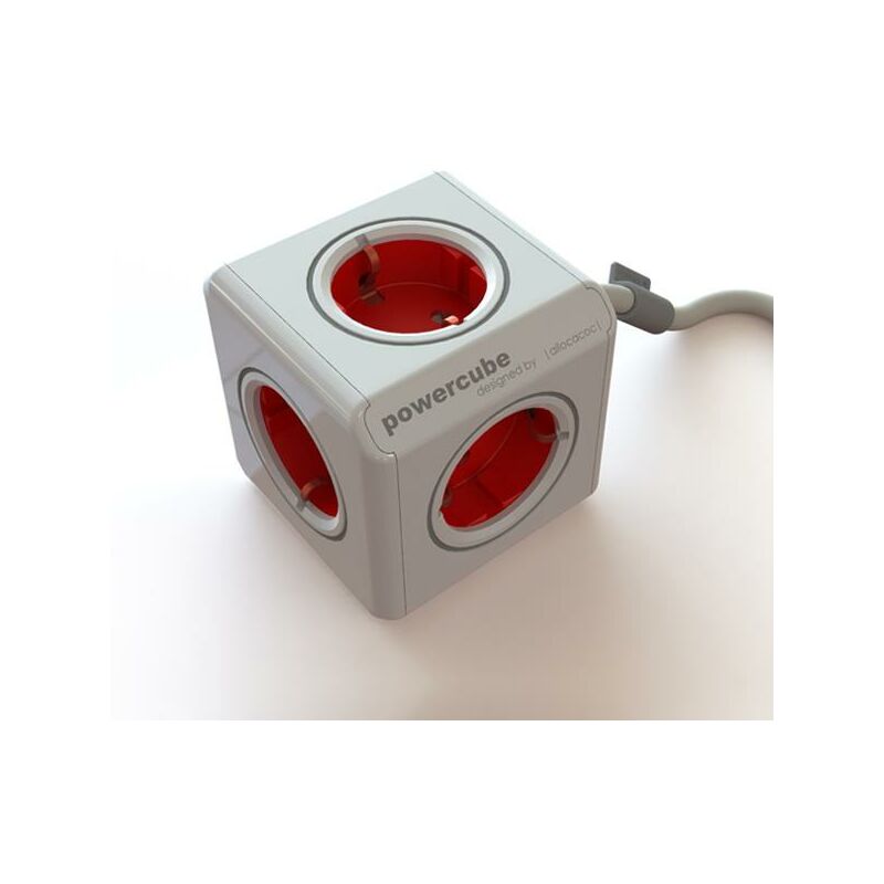 

Allocacoc PowerCube Extended FR - Ladrón multiple con 5 enchufes 230 V FR en forma de cubo, cable 1,5 m, (color blanco y rojo)