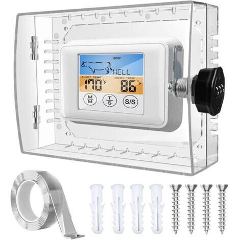 Alloggiamento del termostato di grande formato con coperchio protettivo trasparente e sistema di sicurezza codificato per il controllo della temperatura e la protezione antimanomissione.