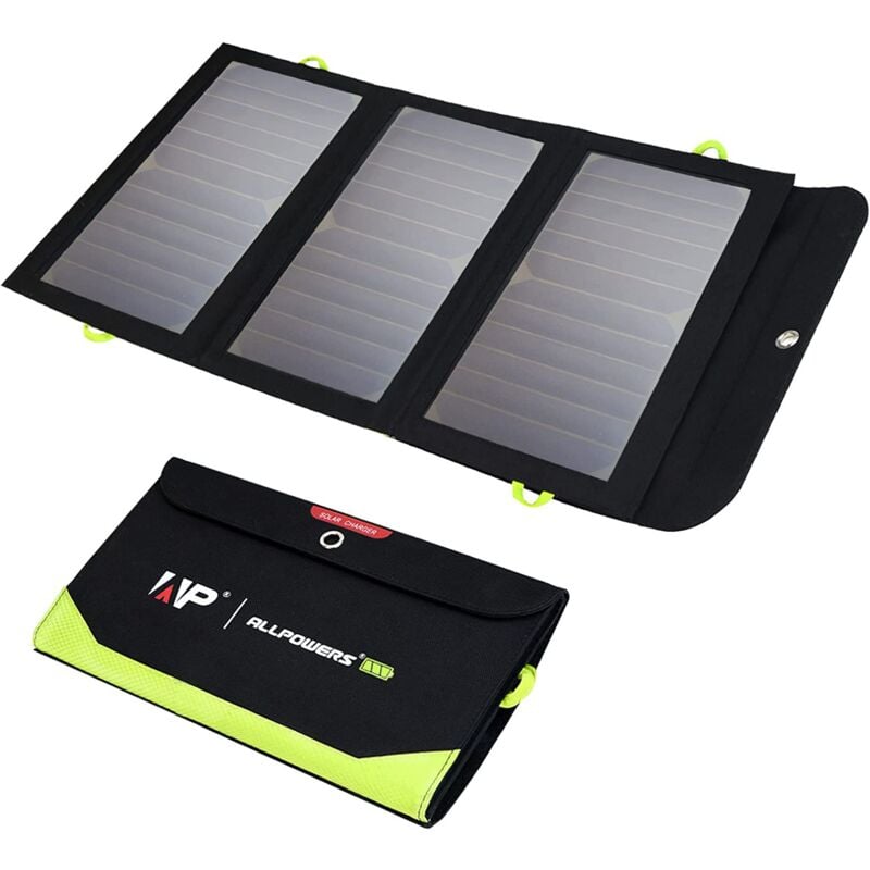 Allpowers - 21W Chargeur Solaire Pliable avec 3 usb Production (pd 18W Inclus) & 2 usb Entrée, Panneau Solaire Portable et Imperméable + 2 Crochets