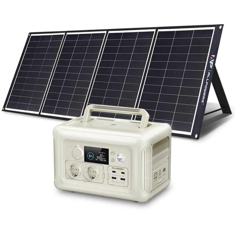 Allpowers - Générateur solaire R600 avec panneau solaire monocristallin 200 w, 2 sorties ac 600 w, station d'alimentation portable, batterie LiFePO4