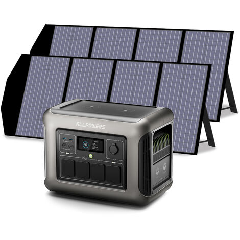 ALLPOWERS R1500 Generador Solar con 2 paneles solares de 140W, Batería LiFePO4 de 1152Wh con 4 Salidas AC de 1800W (3000W Pico), Estacion de Energia Portatil para Camping, Emergencia, Viajes, Cortes