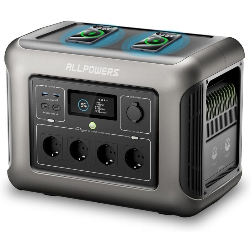 Allpowers - R1500 Station électrique portable 1152Wh, batterie lfp, charge rapide, 4 Sorties ca 1800W(3000W Pic), fonction ups, générateur solaire