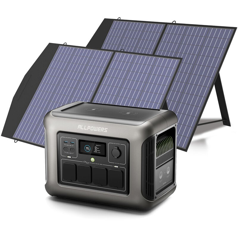 R1500 Tragbare Powerstation mit 2Pcs 100W Solarpanel, 1152Wh LiFePO4 Batterie mit 1800W ac Ausgang Solargenerator, 43dB Leise Betrieb Mobile