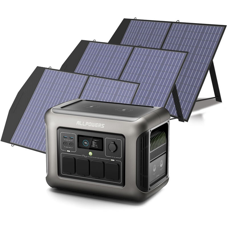 R1500 générateur solaire avec panneaux solaire pliables de 300W, 1152Wh batterie LiFeP04, 2 x Chargement rapide sans fil 15W, fonction ups, Entrée