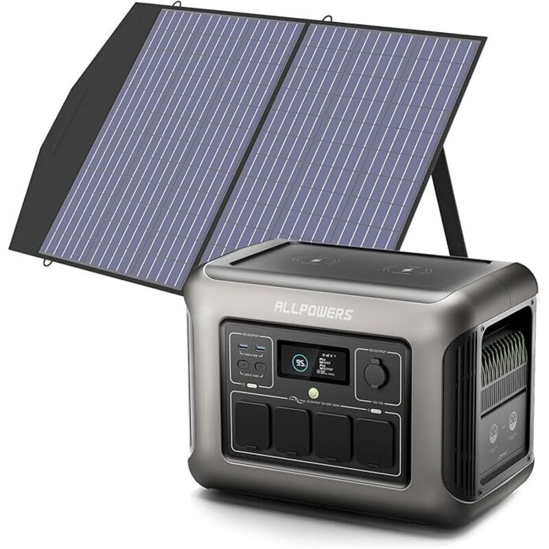R1500 générateur solaire avec panneaux solaire pliables de 100W, 1152Wh batterie LiFeP04, 2 x Chargement rapide sans fil 15W, fonction ups, Entrée
