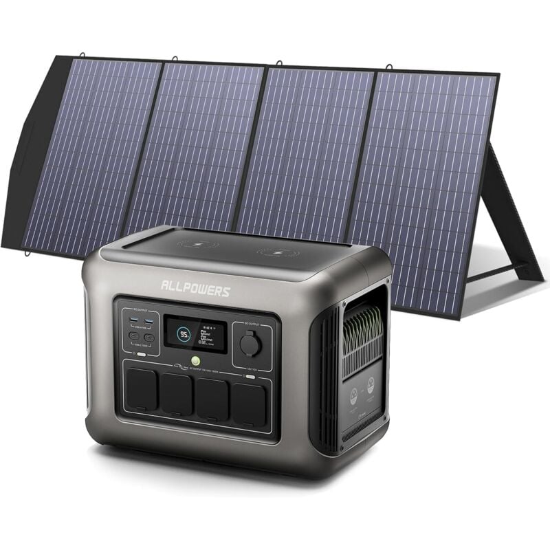 R1500 générateur solaire avec panneaux solaire pliables de 200W, 1152Wh batterie LiFeP04, 2 x Chargement rapide sans fil 15W, fonction ups, Entrée