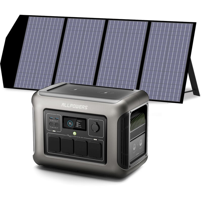 R1500 générateur solaire avec panneaux solaire pliables de 140W, 1152Wh batterie LiFeP04, 2 x Chargement rapide sans fil 15W, fonction ups, Entrée