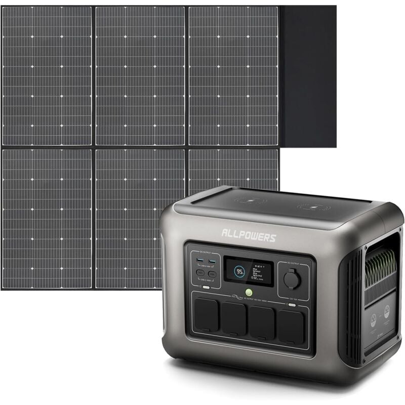 R1500 générateur solaire avec panneaux solaire pliables de 600W, 1152Wh batterie LiFeP04, 2 x Chargement rapide sans fil 15W, fonction ups, Entrée