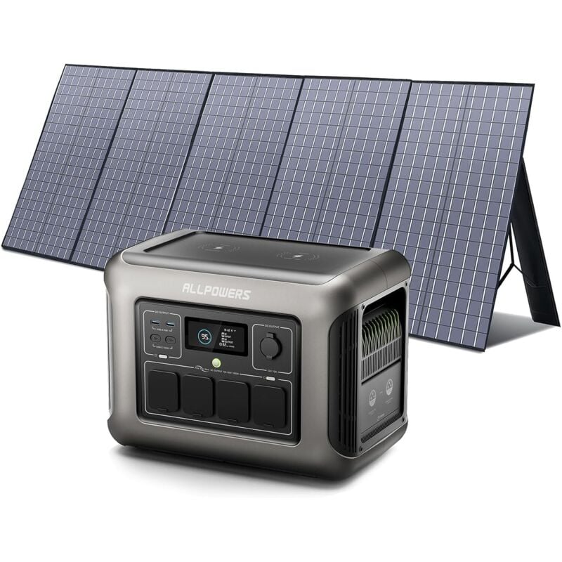 R1500 générateur solaire avec panneaux solaire pliables de 400W, 1152Wh batterie LiFeP04, 2 x Chargement rapide sans fil 15W, fonction ups, Entrée