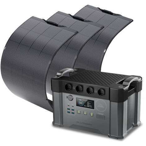 ALLPOWERS S2000Pro Station électrique portable 1451Wh, 4 prises CA 2400W, générateur solaire avec 3 x panneau solaire flexible 200W IP68 étanche, Chargement rapide, camping-car, balcon, jardin