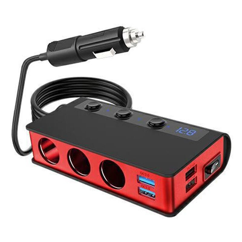 Allume-cigare de voiture un à trois avec interrupteur 4usb 180W, chargeur de voiture à charge rapide qc3.0 haute puissance, rouge TONCHEAN