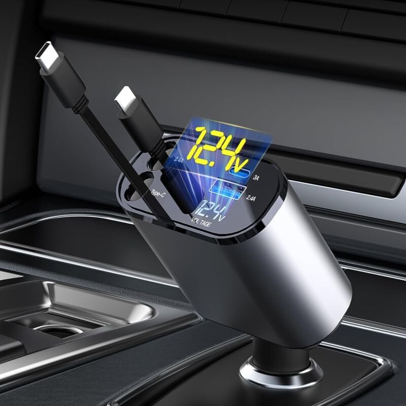 Allume Cigare USB C, 2 Ports 60W Charge Rapide Chargeur Voiture with USB C USB A,Prise Allume Cigare 12v,Chargeur de Voiture rétractable pour iPhone