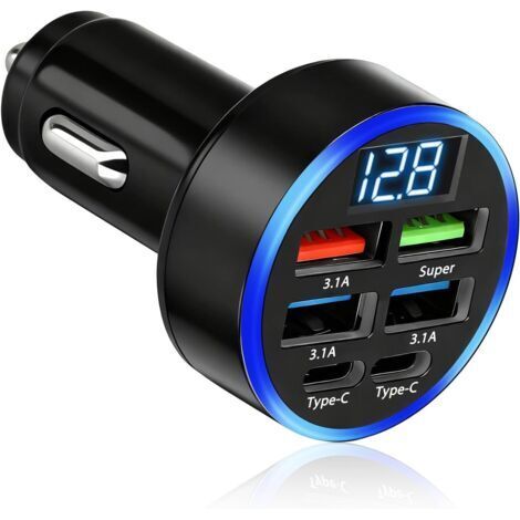Allume Cigare USB Chargeur Voiture 50W, Prise Allume Cigare 12V-24V avec Écran LED, 2 Ports USB-C et 4 Ports USB-A, pour iPhone 16 15 14 13 12 11 Pro Max Mini Plus Samsung S38 Huawei iPad AirPods
