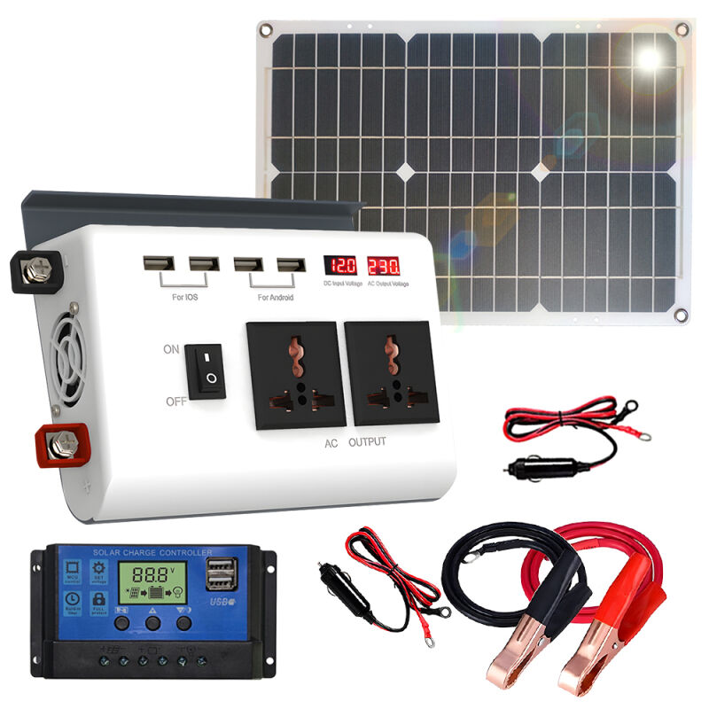 LIFCAUSAL Onduleur 300W 12V DC/220V AC à onde modifiée - Kit complet avec panneau solaire 18W, régulateur 30A et écrans