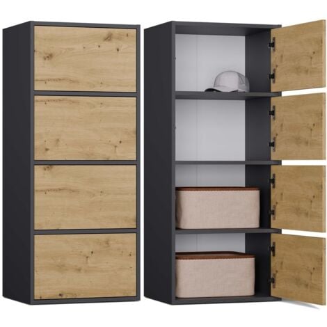 TOPESHOP ALMA - Commode haute de rangement 4 portes avec ouverture tip-on - Anthracite et chêne artisan