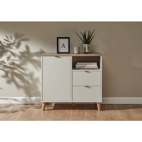 Alma Scandi Compact 1 Door 2 Drawer Sideboard Storage Cabinet White & Oak