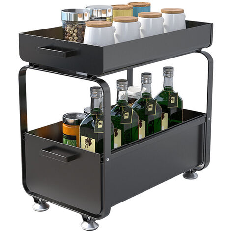 Almacenaje Bajo Fregadero 2 Niveles Organizador con cestas deslizantes Especiero, Estantes de Cocina, Armario, Organizador de Condimentos, Negro 40x25.5x39.5cm