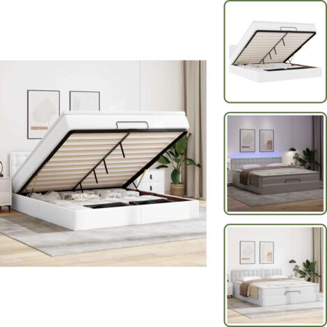 Almacenamiento bajo cama - vidaXL Cama otomana colchón&LED cuero sintético blanco puro 180x200cm - Cama con cabecero