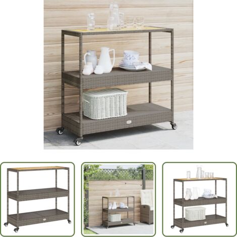 Almacenamiento -  Carrito de bar 3 niveles ratán PE y madera maciza acacia gris