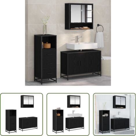 Almacenamiento de baño -  Juego de muebles de baño 3 pcs Roble Negro Madera de ingeniería
