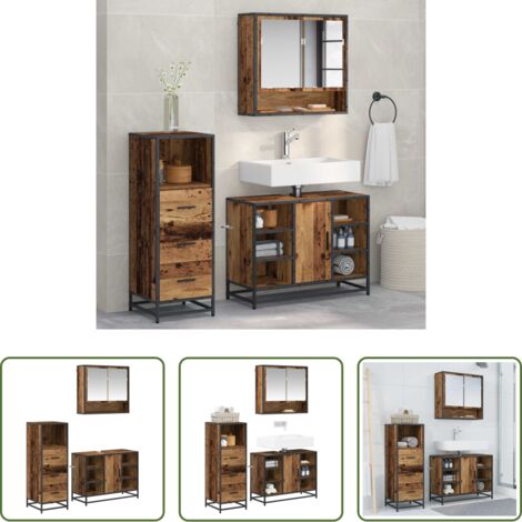 Almacenamiento de baño -  Juego de muebles de baño con cajón 3 pcs Madera envejecida