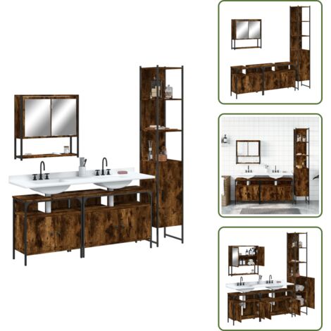 Almacenamiento de baño - vidaXL Set de muebles baño 4 pzas madera contrachapada roble ahumado - Muebles de baño con espejo