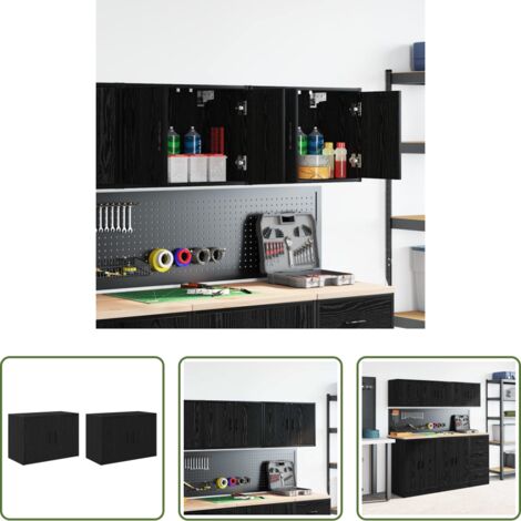 Almacenamiento de herramientas -  Armarios de pared 2 uds para garaje madera de ingeniería negro