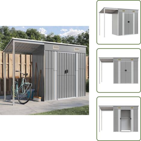 Almacenamiento de herramientas - vidaXL Caseta de jardín con techo extensible, gris claro, 277 x 107 x 181 cm, acero - Cobertizo para leña
