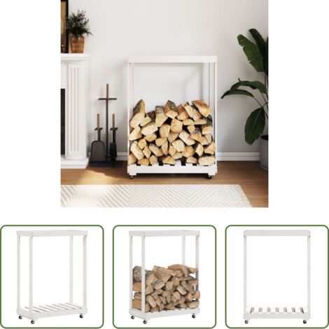 Almacenamiento de leña -  Leñero con ruedas madera maciza de pino blanco 76,5x40x108 cm
