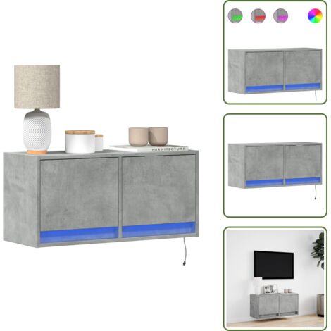 Almacenamiento de TV - vidaXL Mueble de TV de pared con luces LED gris hormigón 80x31x35 cm - Luces LED