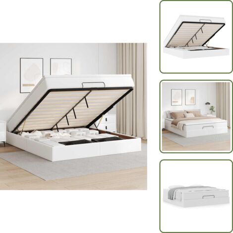 Almacenamiento debajo de la cama - vidaXL Estructura cama otomana colchón cuero sintético blanco - Cama con mecanismo hidráulico
