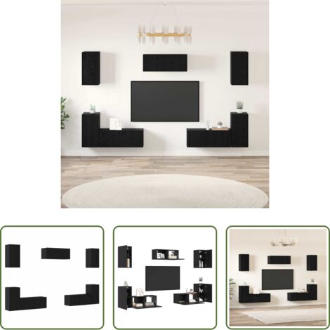Almacenamiento en sala -  Conjunto de mueble de TV 7 pcs Roble Negro Madera de ingeniería