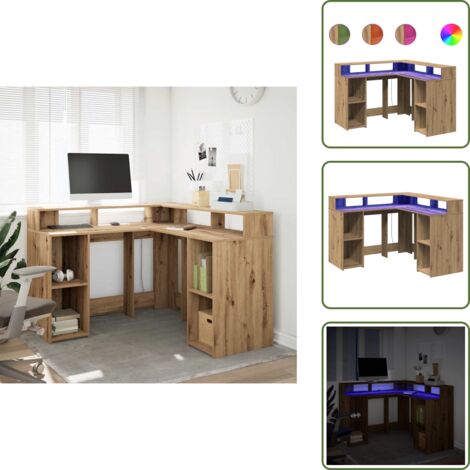 Almacenamiento organizado - vidaXL Escritorio con luz LED madera ingeniería artisian 130x130x91 cm - Escritorio compacto