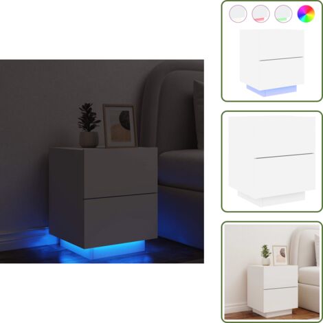Almacenamiento - vidaXL Mesita de noche con luces LED madera de ingeniería blanca - Mesita de noche con luces
