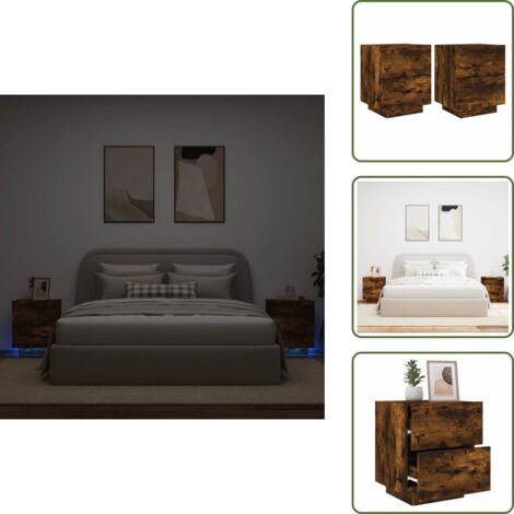 Almacenamiento - vidaXL Mesita de noche luces LED 2 uds madera ingeniería roble ahumado - Mesita de noche con luces