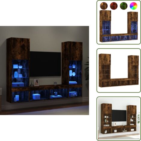 Almacenamiento - vidaXL Muebles TV pared con LED 5 pzas madera ingeniería roble ahumado - Diseño moderno