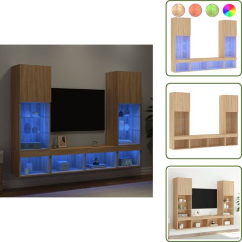 Almacenamiento - vidaXL Muebles TV pared con LED 5 pzas madera ingeniería roble Sonoma - Luces LED RGB