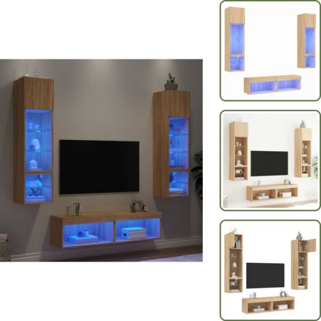 Almacenamiento - vidaXL Muebles TV pared con LED 6 pzas madera ingeniería roble Sonoma - Luces LED RGB