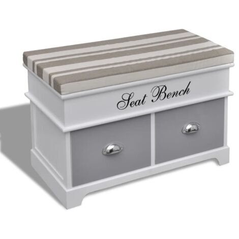 Banco baúl de madera y cojin gris, con cajones